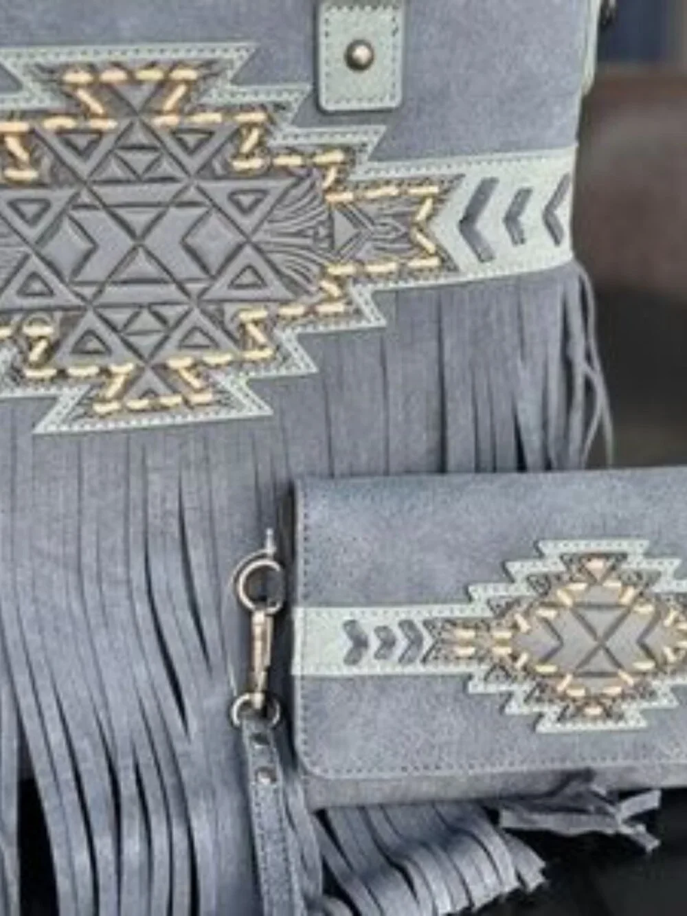 Trinity Ranch Aztec Tooled Fringe Concealed Carry Tote/Crossbody + Wallet Navy